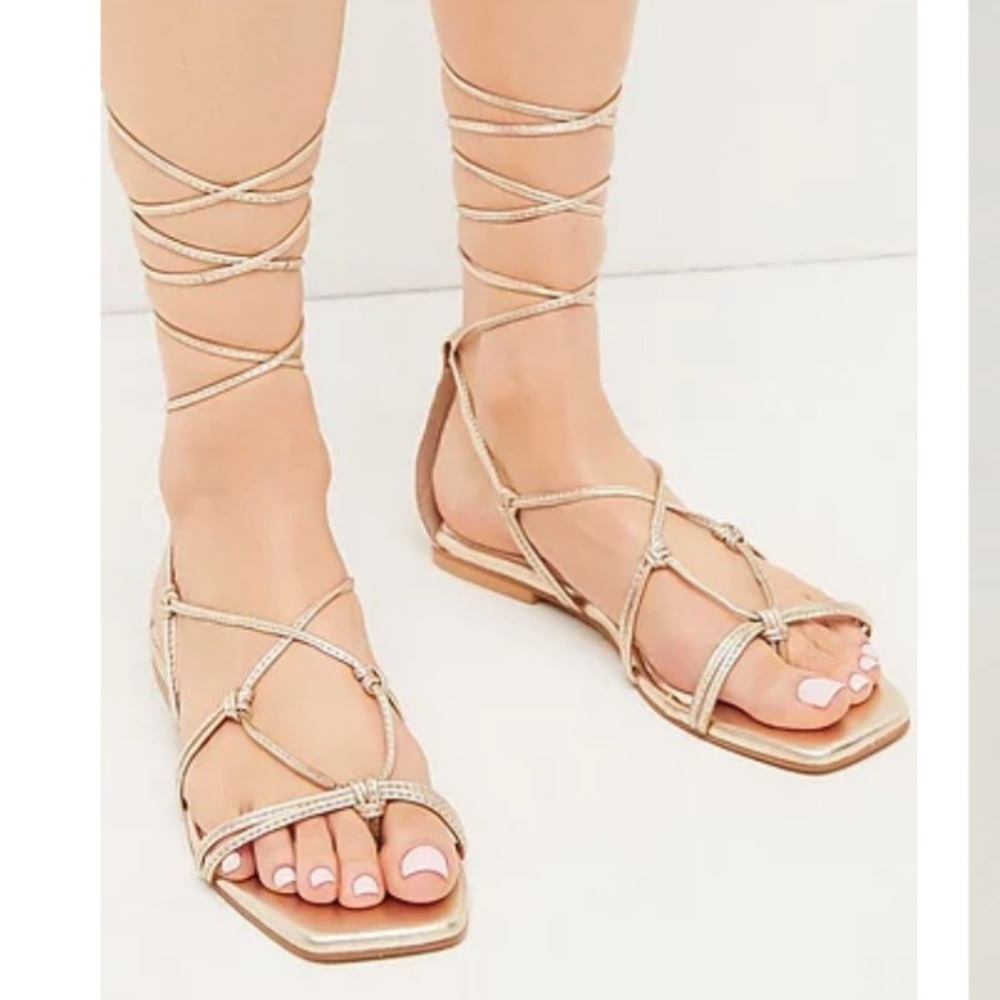 Karen Millen Leather Ghillie Tie Flat Sandal in Gold size 4